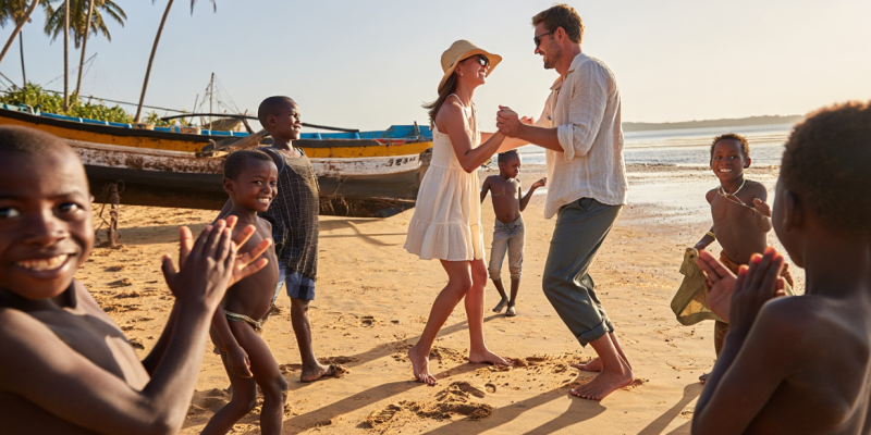 touristes dansant avec des enfants malgaches